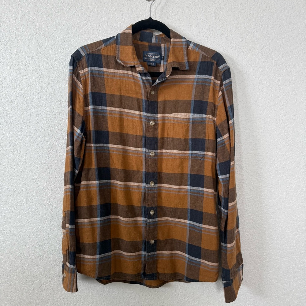 Pendleton Woolenmills men’s small plaid button front shirt linen brown blue